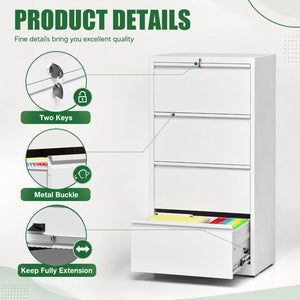 English Elm 4 Drawer Lateral Steel Filing Cabinet with Lock for Home Office Document Storage White T2398P507526
