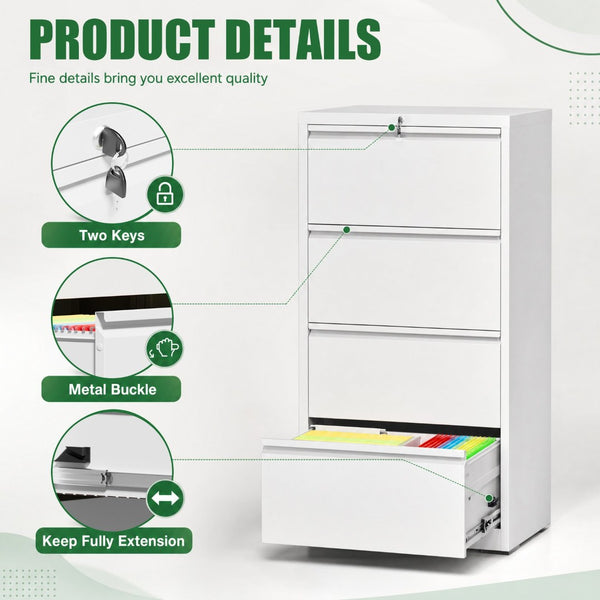 English Elm 4 Drawer Lateral Steel Filing Cabinet with Lock for Home Office Document Storage White T2398P507526