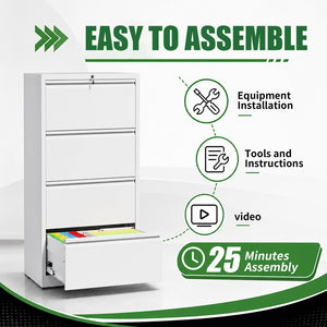 English Elm 4 Drawer Lateral Steel Filing Cabinet with Lock for Home Office Document Storage White T2398P507526