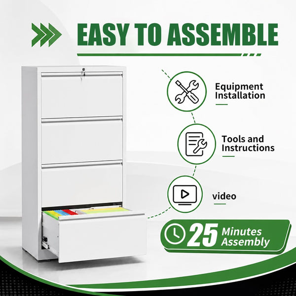 English Elm 4 Drawer Lateral Steel Filing Cabinet with Lock for Home Office Document Storage White T2398P507526