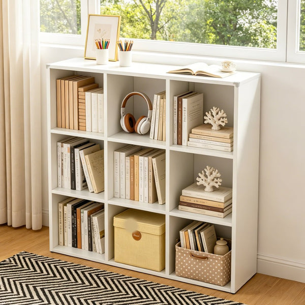 English Elm Book Shelf Metal 9 Cube Organizer Matte White Storage for Living Room or Office T2398P511728
