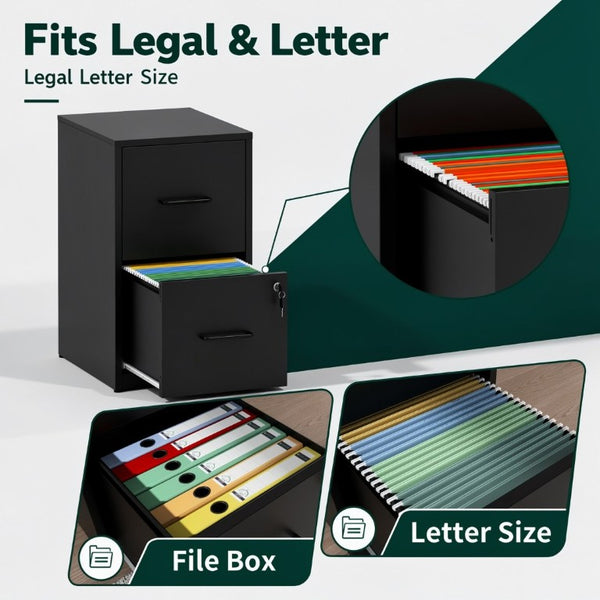 English Elm 2 Drawer Locking Steel Vertical File Cabinet for Under Desk Home Office Storage Black Without Wheels T2398P544576