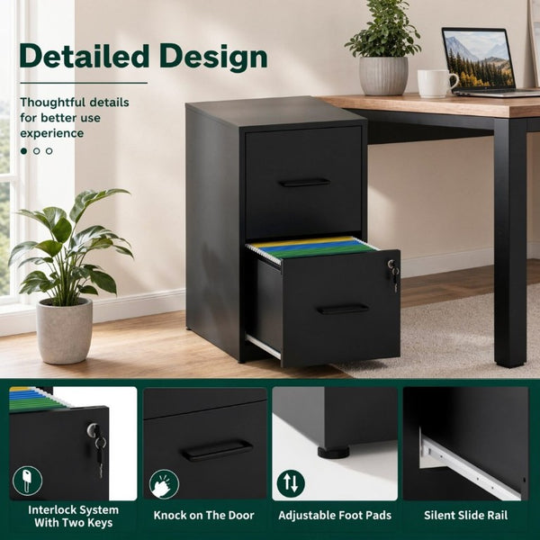 English Elm 2 Drawer Locking Steel Vertical File Cabinet for Under Desk Home Office Storage Black Without Wheels T2398P544576