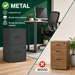 English Elm 2 Drawer Locking Steel Vertical File Cabinet for Under Desk Home Office Storage Black Without Wheels T2398P544576