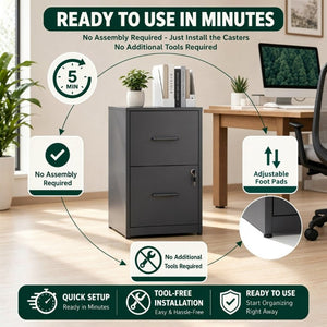 English Elm 2 Drawer Locking Steel Vertical File Cabinet for Under Desk Home Office Storage Black Without Wheels T2398P544576