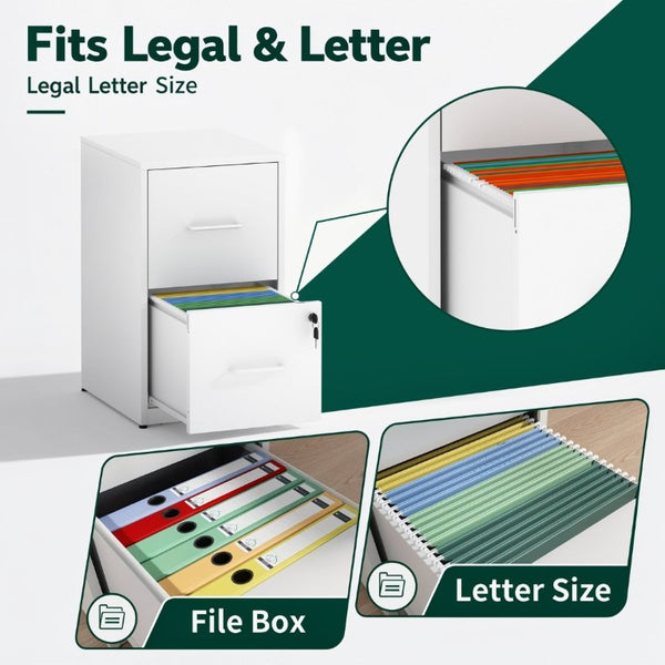 English Elm 2 Drawer Locking Steel Vertical File Cabinet for Under Desk Home Office Storage White Without Wheels T2398P544577