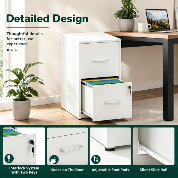 English Elm 2 Drawer Locking Steel Vertical File Cabinet for Under Desk Home Office Storage White Without Wheels T2398P544577