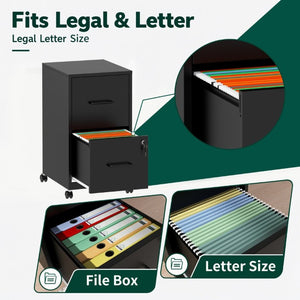 English Elm 2 Drawer Locking Steel Vertical File Cabinet for Under Desk Home Office Storage Black With Wheels T2398P544578