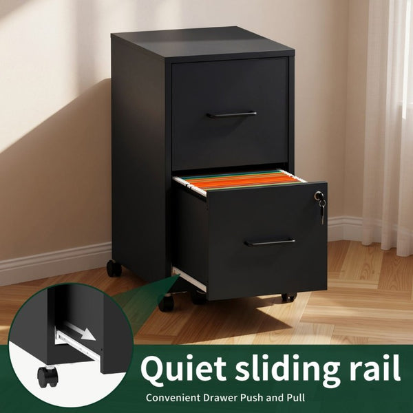 English Elm 2 Drawer Locking Steel Vertical File Cabinet for Under Desk Home Office Storage Black With Wheels T2398P544578