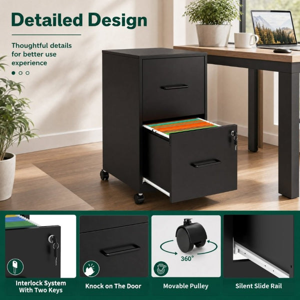 English Elm 2 Drawer Locking Steel Vertical File Cabinet for Under Desk Home Office Storage Black With Wheels T2398P544578