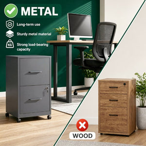 English Elm 2 Drawer Locking Steel Vertical File Cabinet for Under Desk Home Office Storage Black With Wheels T2398P544578