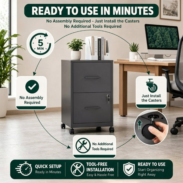 English Elm 2 Drawer Locking Steel Vertical File Cabinet for Under Desk Home Office Storage Black With Wheels T2398P544578