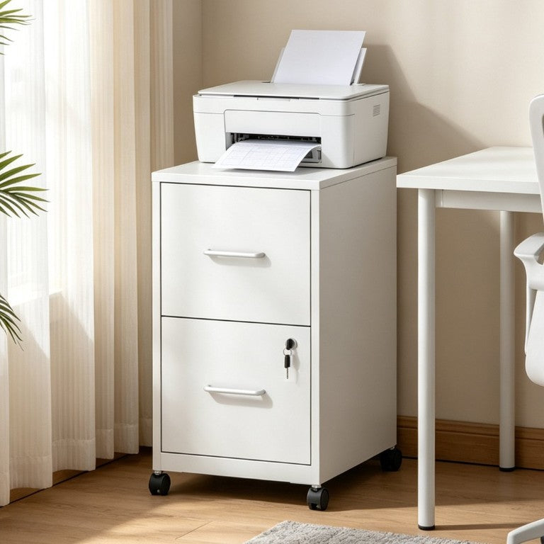 English Elm 2 Drawer Locking Steel Vertical File Cabinet for Under Desk Home Office Storage White With Wheels T2398P544579