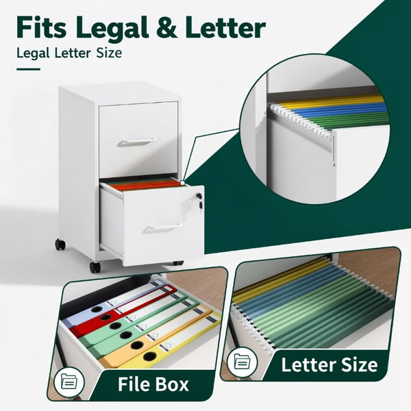 English Elm 2 Drawer Locking Steel Vertical File Cabinet for Under Desk Home Office Storage White With Wheels T2398P544579