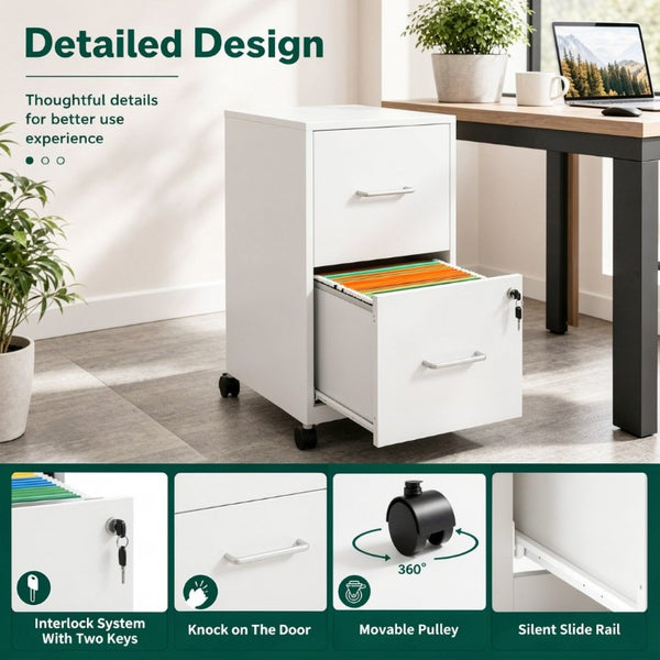 English Elm 2 Drawer Locking Steel Vertical File Cabinet for Under Desk Home Office Storage White With Wheels T2398P544579
