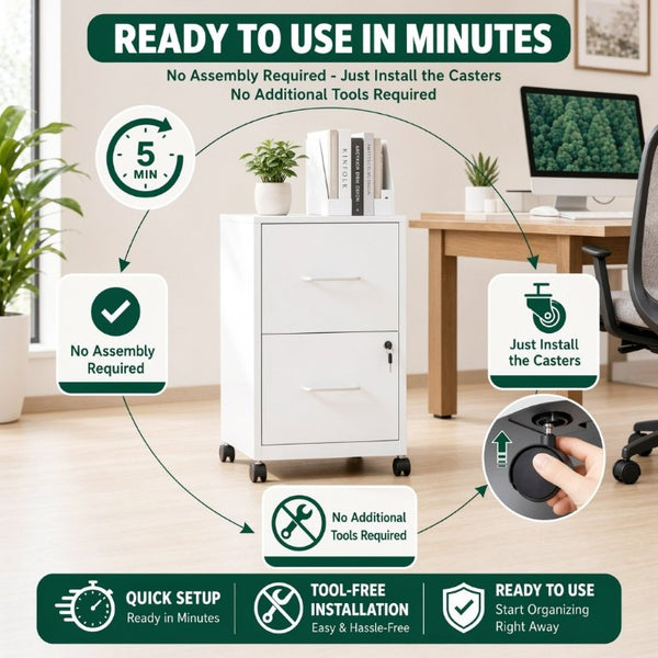 English Elm 2 Drawer Locking Steel Vertical File Cabinet for Under Desk Home Office Storage White With Wheels T2398P544579