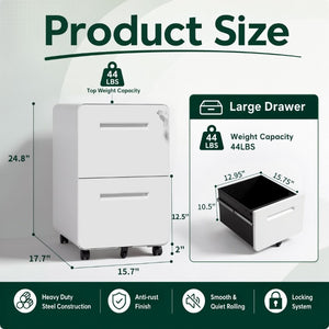 English Elm 2 Drawer Rolling Steel File Cabinet Locking Mobile Office Storage Under Desk White T2398P544580