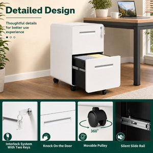 English Elm 2 Drawer Rolling Steel File Cabinet Locking Mobile Office Storage Under Desk White T2398P544580