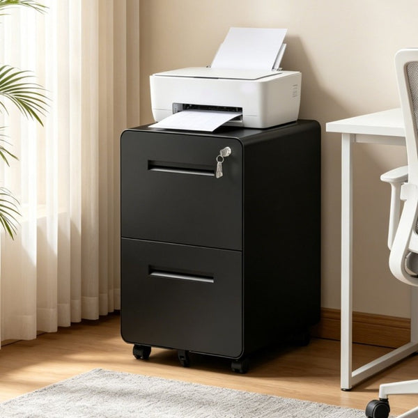 English Elm 2 Drawer Rolling Steel File Cabinet Locking Mobile Office Storage Under Desk Black T2398P544581