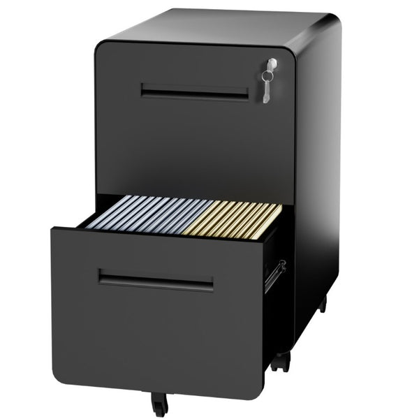 English Elm 2 Drawer Rolling Steel File Cabinet Locking Mobile Office Storage Under Desk Black T2398P544581