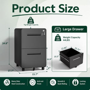 English Elm 2 Drawer Rolling Steel File Cabinet Locking Mobile Office Storage Under Desk Black T2398P544581