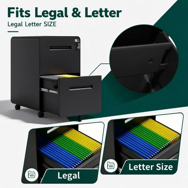English Elm 2 Drawer Rolling Steel File Cabinet Locking Mobile Office Storage Under Desk Black T2398P544581