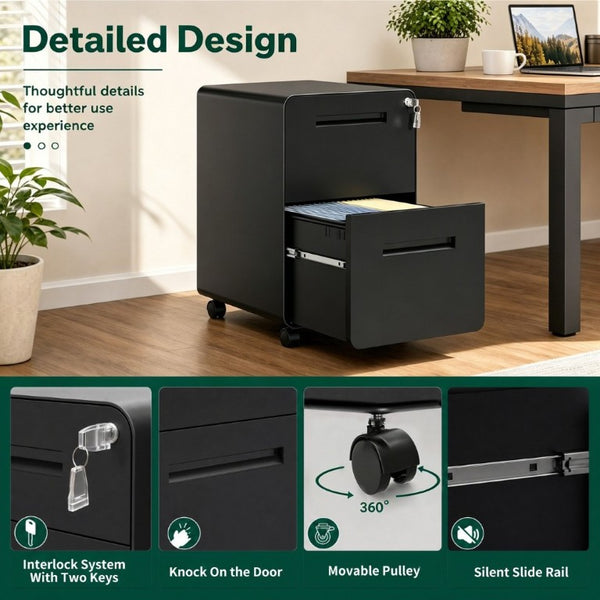 English Elm 2 Drawer Rolling Steel File Cabinet Locking Mobile Office Storage Under Desk Black T2398P544581