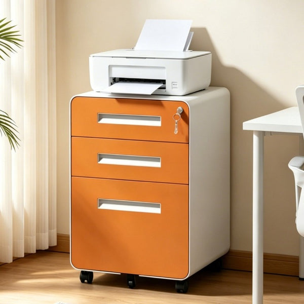 English Elm 3 Drawer Rolling Steel File Cabinet Locking Mobile Office Storage on Silent Casters White+Light Orange T2398P544582