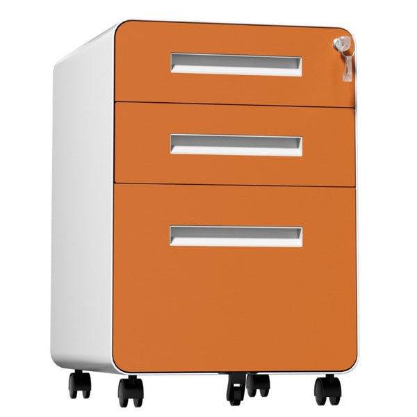 English Elm 3 Drawer Rolling Steel File Cabinet Locking Mobile Office Storage on Silent Casters White+Light Orange T2398P544582