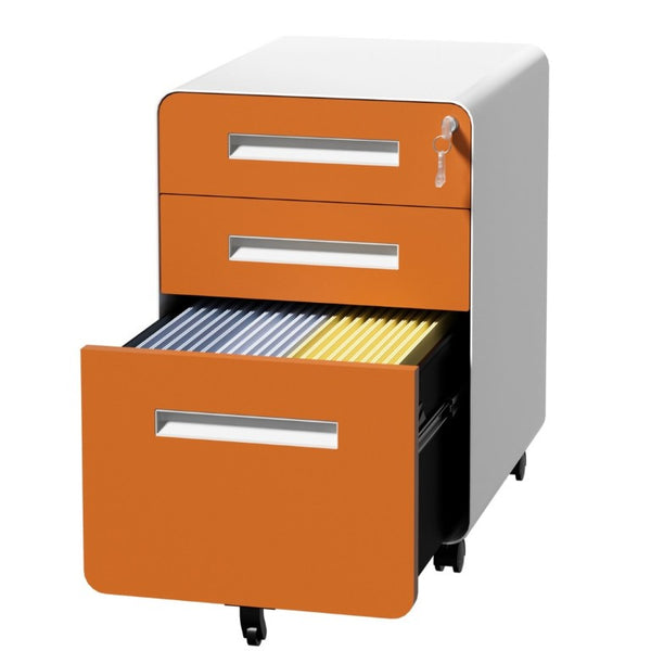 English Elm 3 Drawer Rolling Steel File Cabinet Locking Mobile Office Storage on Silent Casters White+Light Orange T2398P544582