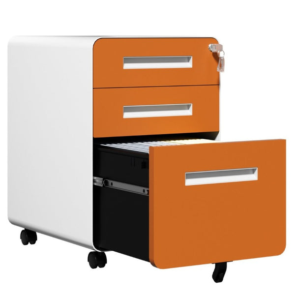 English Elm 3 Drawer Rolling Steel File Cabinet Locking Mobile Office Storage on Silent Casters White+Light Orange T2398P544582