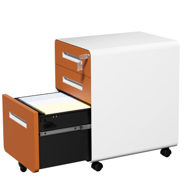 English Elm 3 Drawer Rolling Steel File Cabinet Locking Mobile Office Storage on Silent Casters White+Light Orange T2398P544582