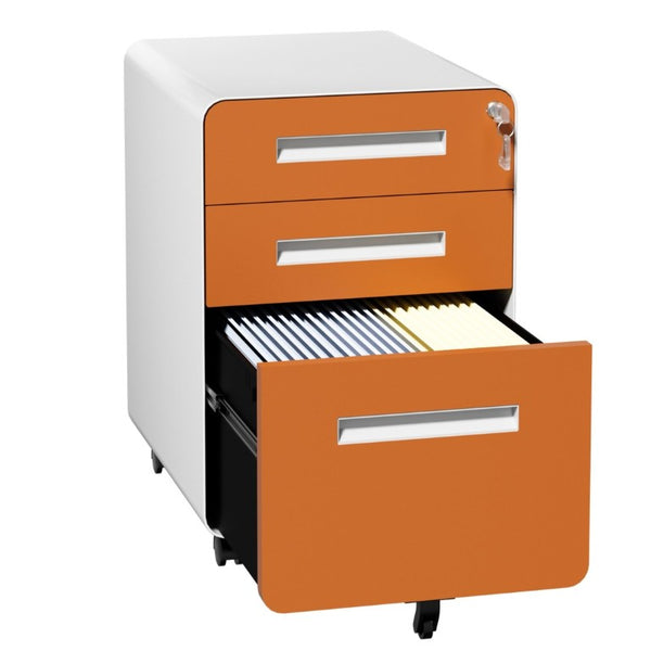 English Elm 3 Drawer Rolling Steel File Cabinet Locking Mobile Office Storage on Silent Casters White+Light Orange T2398P544582