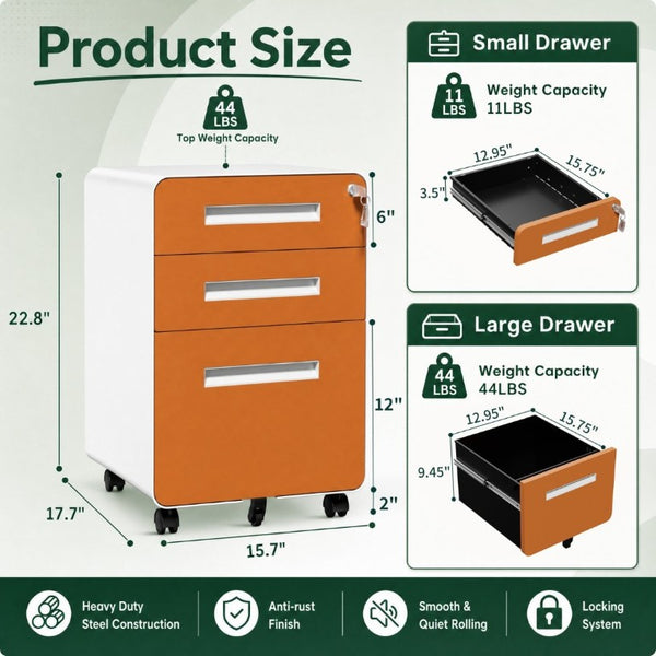 English Elm 3 Drawer Rolling Steel File Cabinet Locking Mobile Office Storage on Silent Casters White+Light Orange T2398P544582