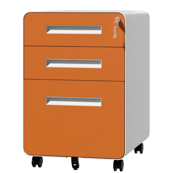 English Elm 3 Drawer Rolling Steel File Cabinet Locking Mobile Office Storage on Silent Casters White+Light Orange T2398P544582