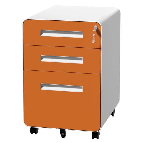 English Elm 3 Drawer Rolling Steel File Cabinet Locking Mobile Office Storage on Silent Casters White+Light Orange T2398P544582