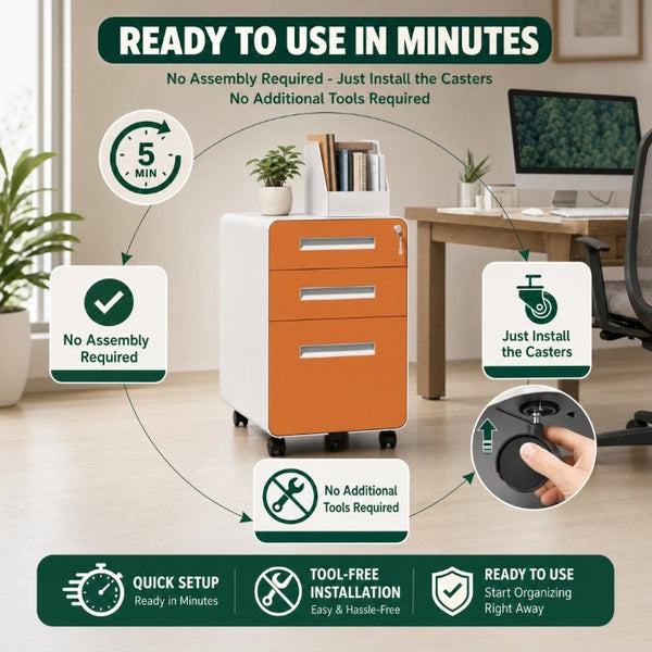 English Elm 3 Drawer Rolling Steel File Cabinet Locking Mobile Office Storage on Silent Casters White+Light Orange T2398P544582