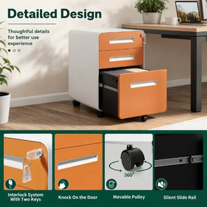 English Elm 3 Drawer Rolling Steel File Cabinet Locking Mobile Office Storage on Silent Casters White+Light Orange T2398P544582