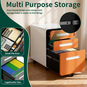 English Elm 3 Drawer Rolling Steel File Cabinet Locking Mobile Office Storage on Silent Casters White+Light Orange T2398P544582