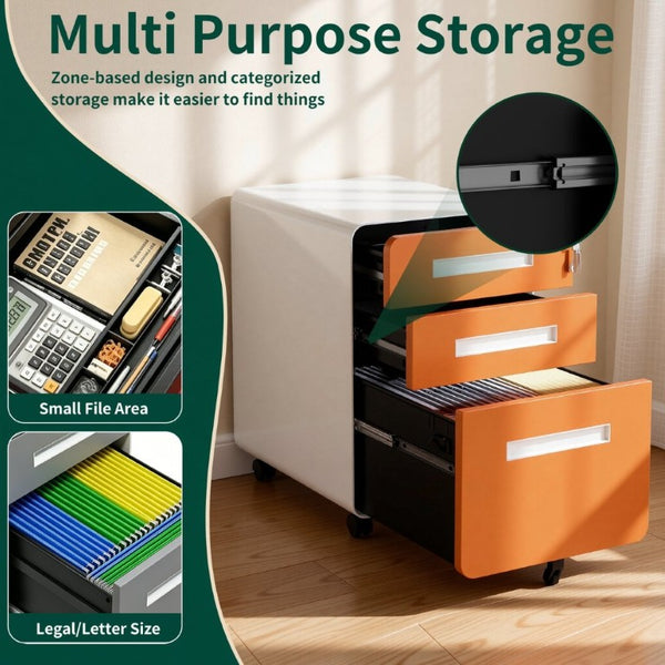 English Elm 3 Drawer Rolling Steel File Cabinet Locking Mobile Office Storage on Silent Casters White+Light Orange T2398P544582