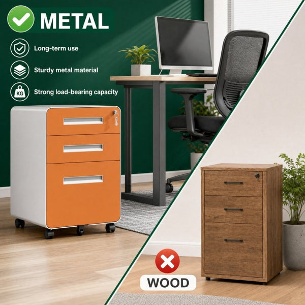 English Elm 3 Drawer Rolling Steel File Cabinet Locking Mobile Office Storage on Silent Casters White+Light Orange T2398P544582