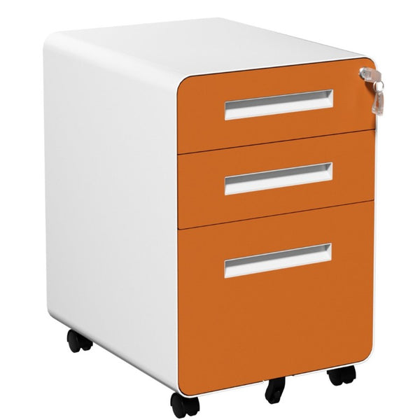English Elm 3 Drawer Rolling Steel File Cabinet Locking Mobile Office Storage on Silent Casters White+Light Orange T2398P544582
