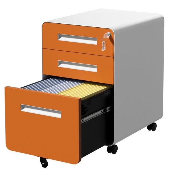 English Elm 3 Drawer Rolling Steel File Cabinet Locking Mobile Office Storage on Silent Casters White+Light Orange T2398P544582