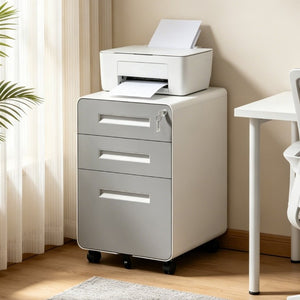 English Elm 3 Drawer Rolling Steel File Cabinet Locking Mobile Office Storage on Silent Casters White+Gray T2398P544583