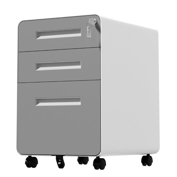 English Elm 3 Drawer Rolling Steel File Cabinet Locking Mobile Office Storage on Silent Casters White+Gray T2398P544583