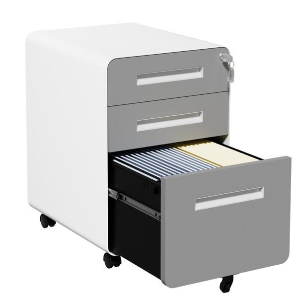 English Elm 3 Drawer Rolling Steel File Cabinet Locking Mobile Office Storage on Silent Casters White+Gray T2398P544583