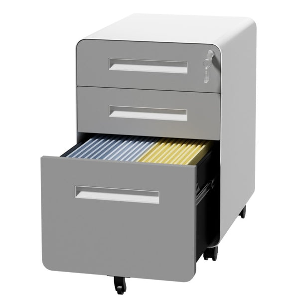 English Elm 3 Drawer Rolling Steel File Cabinet Locking Mobile Office Storage on Silent Casters White+Gray T2398P544583