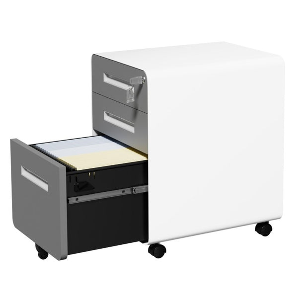English Elm 3 Drawer Rolling Steel File Cabinet Locking Mobile Office Storage on Silent Casters White+Gray T2398P544583