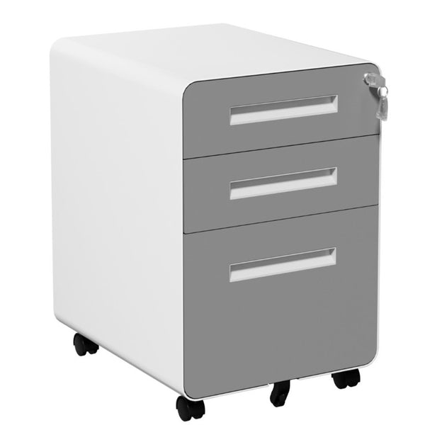 English Elm 3 Drawer Rolling Steel File Cabinet Locking Mobile Office Storage on Silent Casters White+Gray T2398P544583