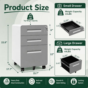 English Elm 3 Drawer Rolling Steel File Cabinet Locking Mobile Office Storage on Silent Casters White+Gray T2398P544583